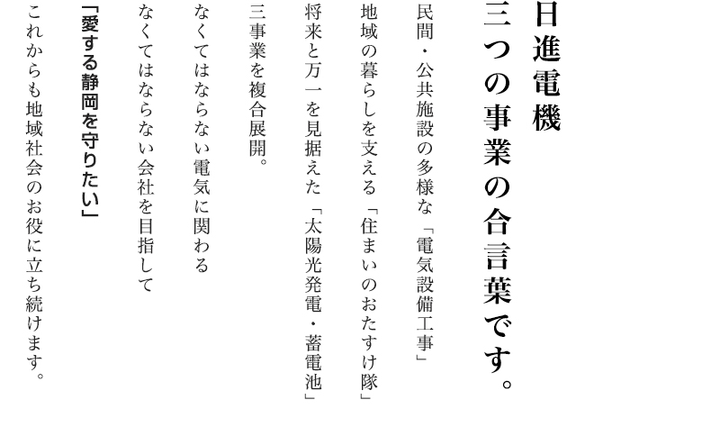 民間・公共施設の多様な「電気設備工事」地域の暮らしを支える「住まいのおたすけ隊」将来と万一を見据えた「太陽光発電・蓄電池」の三事業を複合展開。なくてはならない電気に関わるなくてはならない会社を目指してこれからも地域社会のお役に立ち続けます。